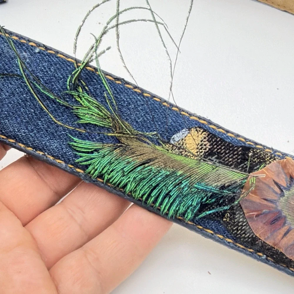 VTG Denim Leather Belt Peacock Feathers Leopard Silver Tone Buckle Adjustable